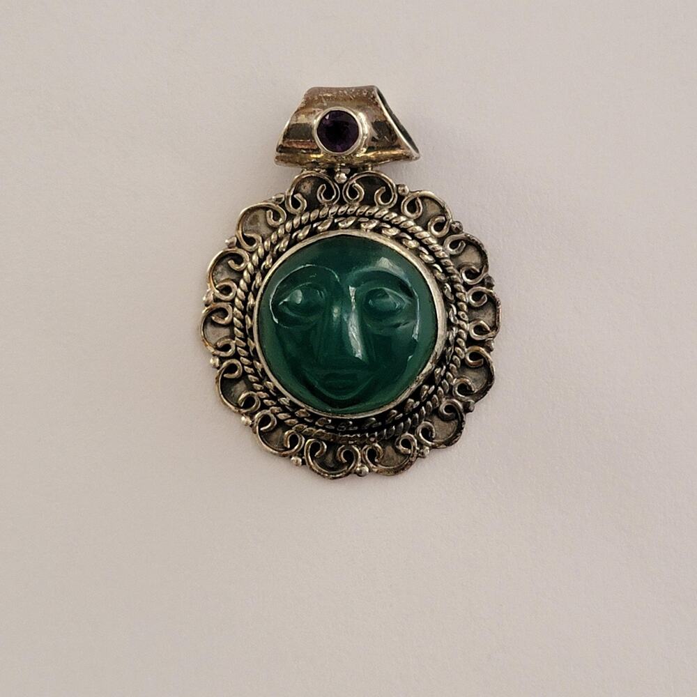 Womens Watch Green Dial Sterling Silver Case Filigree Carved Face Amethyst Bail